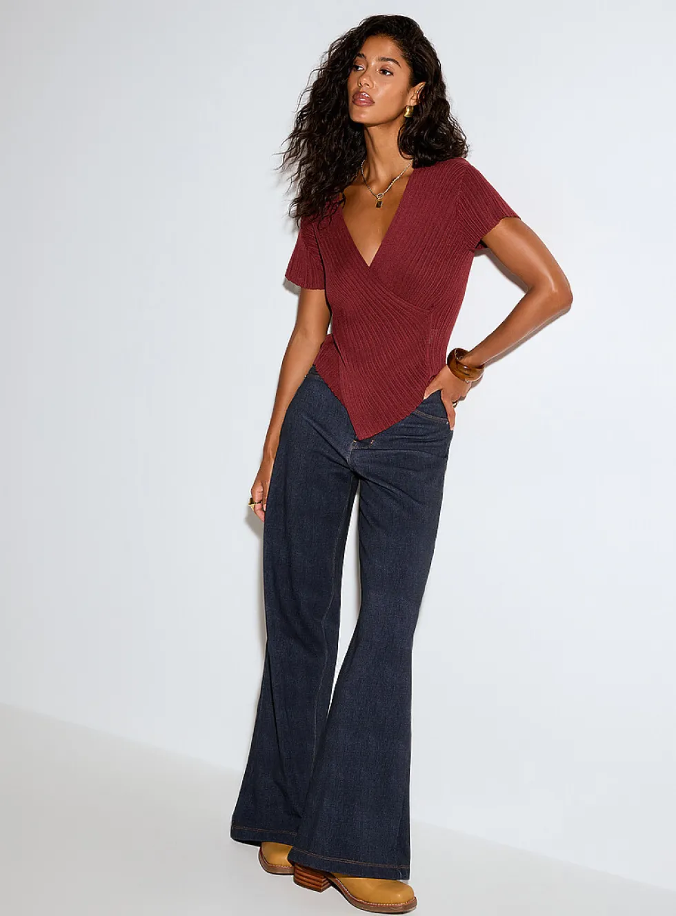 Terry underside faux-denim wide-leg pant