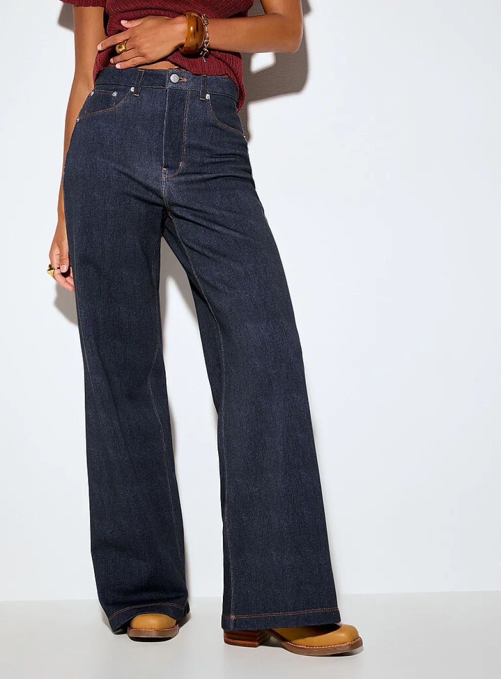 Terry underside faux-denim wide-leg pant