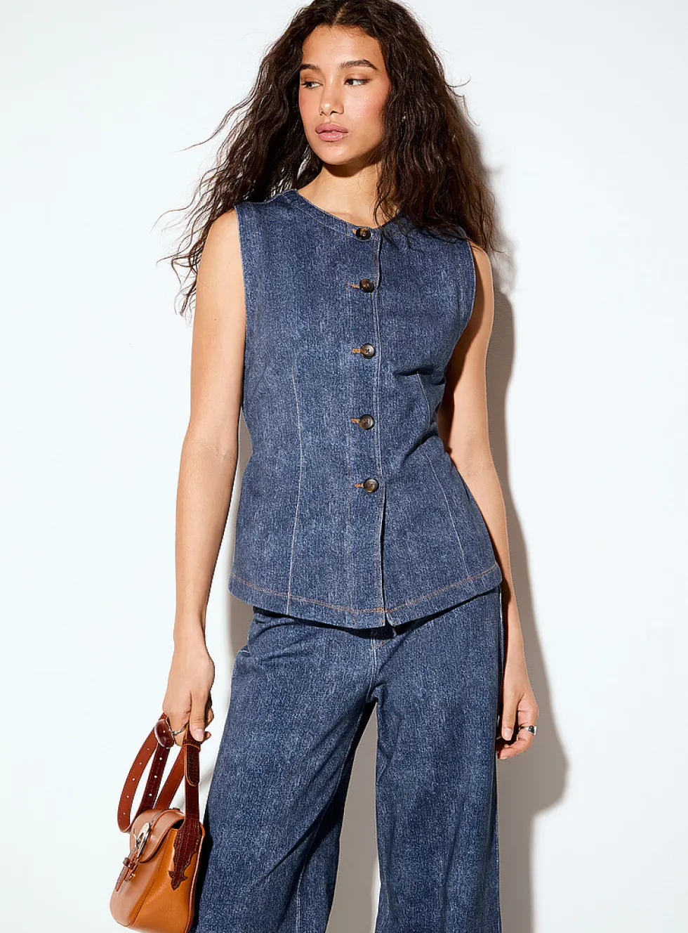 Terry underside faux-denim cinched waist vest