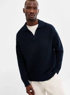 Textured knit Johnny-collar sweater