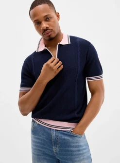 Textured knit zip polo