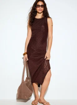 Textured micromesh asymmetrical midi dress
