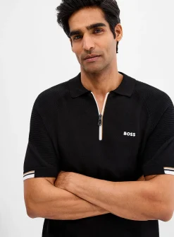 Textured raglan-sleeve zip-collar polo