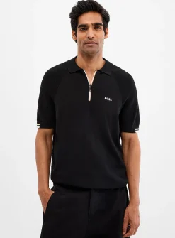 Textured raglan-sleeve zip-collar polo