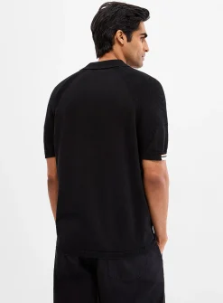 Textured raglan-sleeve zip-collar polo