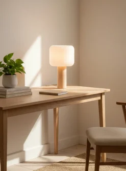 Textured shade maple wood table lamp