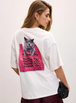 Thank You loose cat print T-shirt