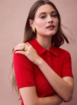 Thick-knit cropped polo sweater