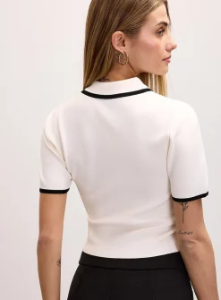 Thick-knit cropped polo sweater