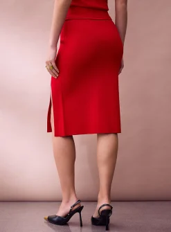 Thick-knit offset slit pencil skirt