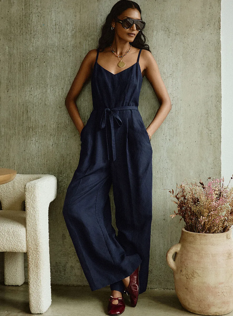 Thin straps linen-lyocell jumpsuit