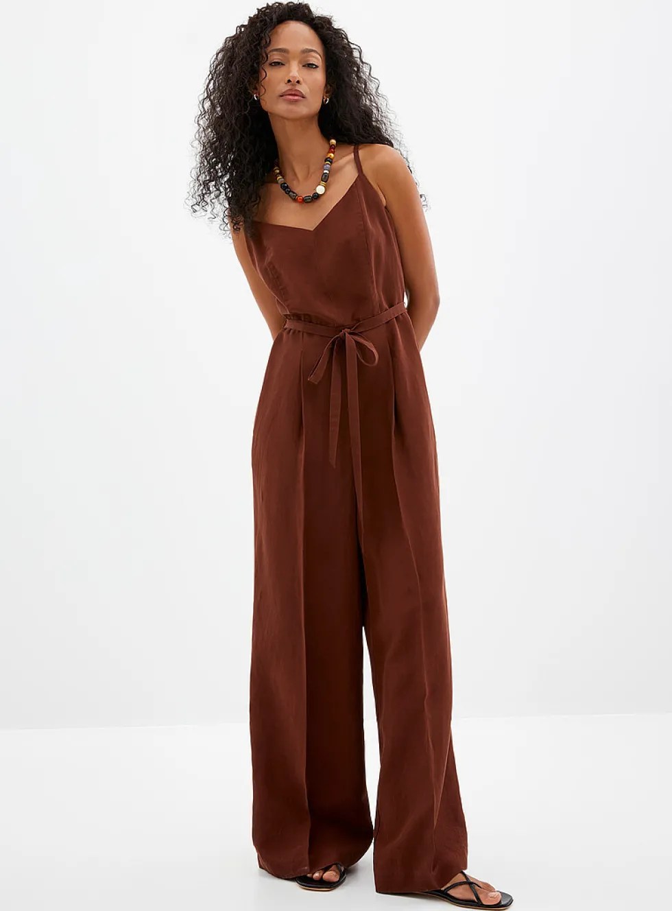 Thin straps linen-lyocell jumpsuit