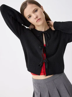 Three bows ribbed cardigan