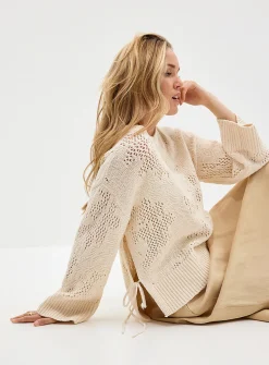 Tie side slits openwork sweater