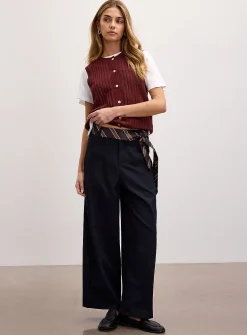 Tie-belt stretch twill barrel-leg pant