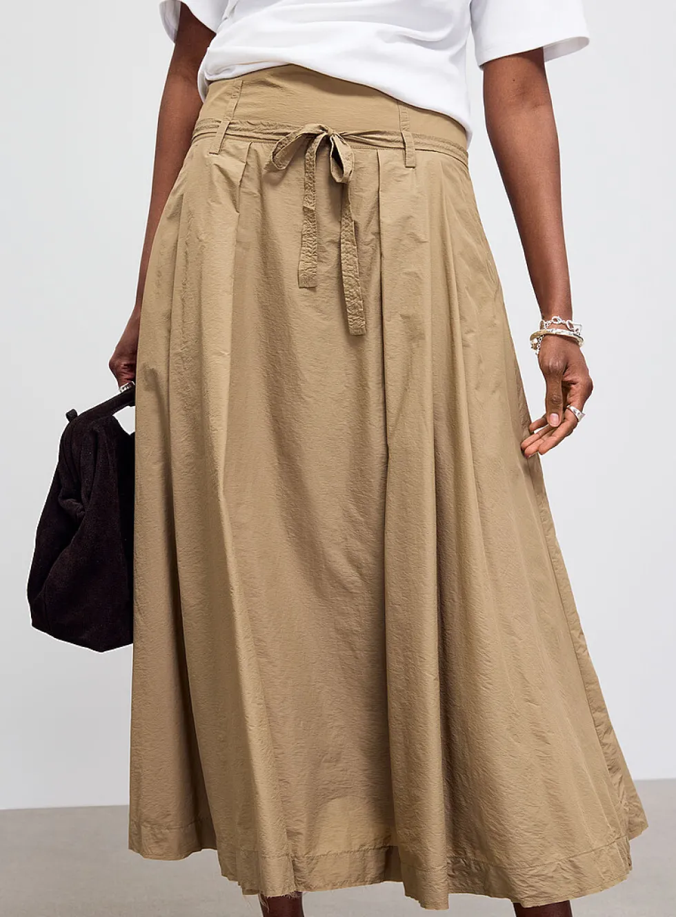 Tie-belted lightweight nylon maxi skirt