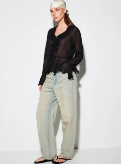 Tie-front and ruffled-edge sheer chiffon blouse