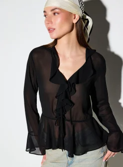 Tie-front and ruffled-edge sheer chiffon blouse