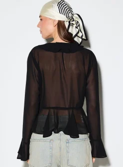 Tie-front and ruffled-edge sheer chiffon blouse
