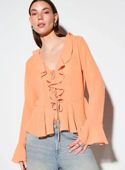Tie-front and ruffled-edge sheer chiffon blouse