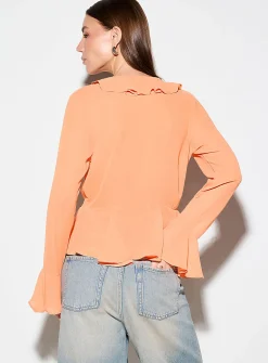 Tie-front and ruffled-edge sheer chiffon blouse