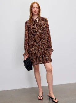 Tie-neck leopard-print chiffon dress