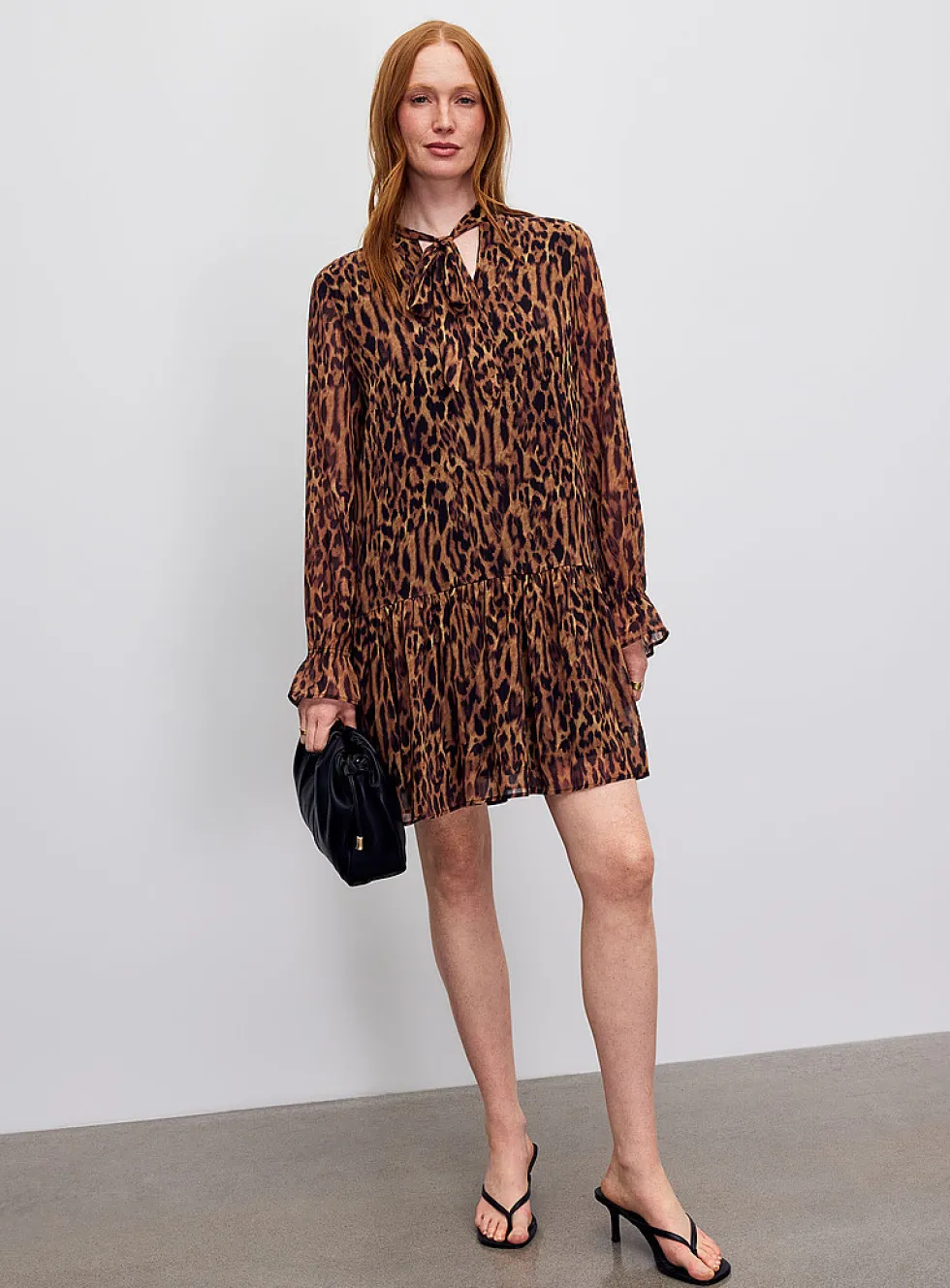 Tie-neck leopard-print chiffon dress