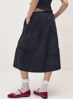 Tiered poplin midi skirt