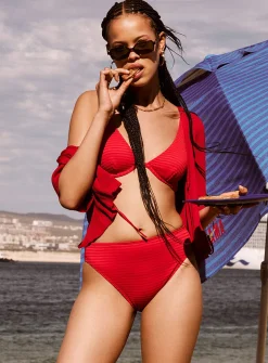 Tomato-red seersucker cheeky bikini bottom