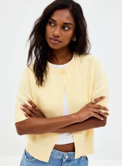 Tone-on-tone embroidery open cardigan