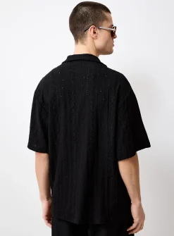 Tone-on-tone openwork embroidery shirt