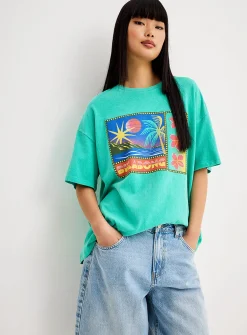 Topical print turquoise T-shirt