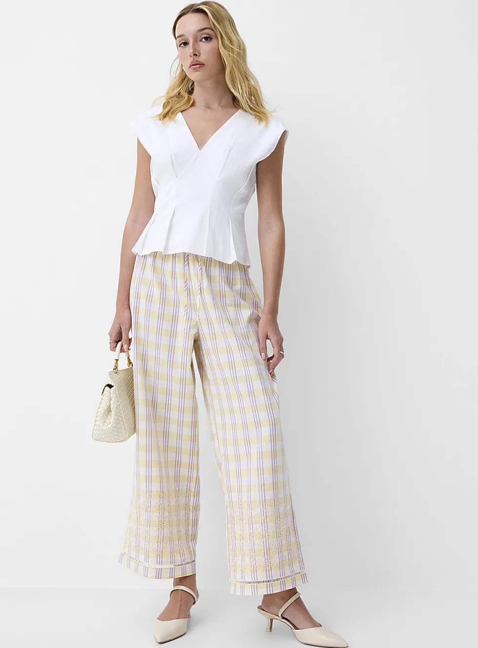 Touch of linen embroidered openwork wide-leg pant