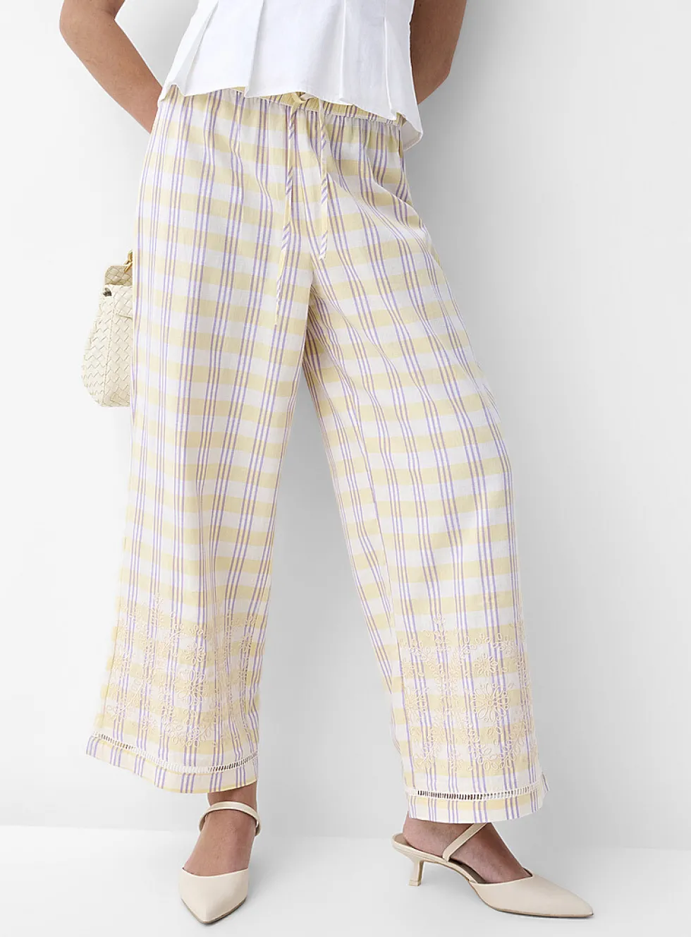 Touch of linen embroidered openwork wide-leg pant