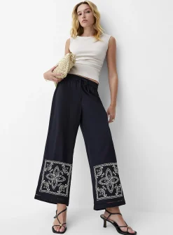 Touch of linen embroidered openwork wide-leg pant