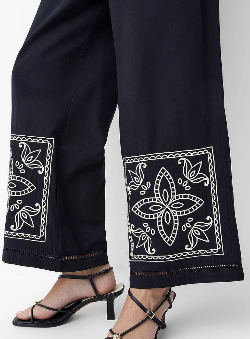 Touch of linen embroidered openwork wide-leg pant