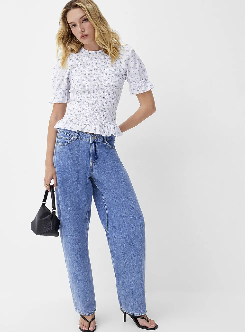 Touch of linen puff-sleeve smocked blouse