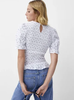 Touch of linen puff-sleeve smocked blouse