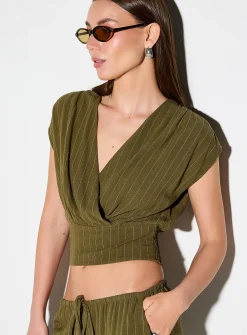 Touch-of-linen plunging crossover blouse