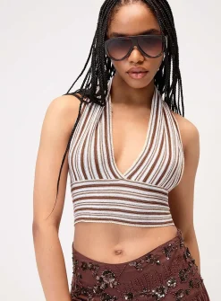 Tricolour striped knit halter cami