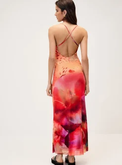 Tropical flowers mesh maxi dress
