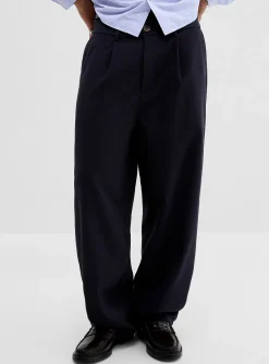 Twill wide-leg pleated pant
