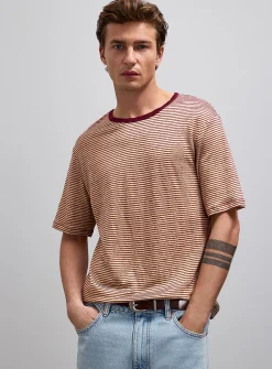 Twin-stripe 100% linen jersey T-shirt