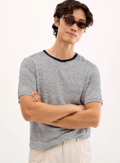 Twin-stripe 100% linen jersey T-shirt