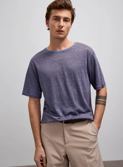 Twin-stripe 100% linen jersey T-shirt