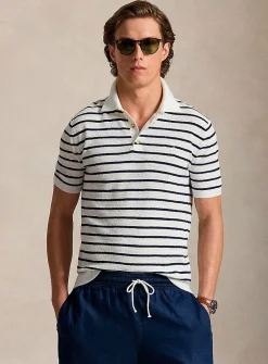 Twin-stripe linen-blend knit polo