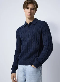 Twisted-cable knit polo sweater