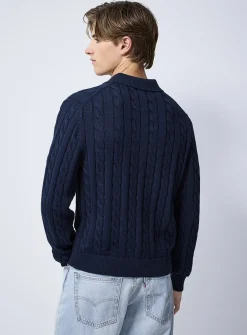 Twisted-cable knit polo sweater