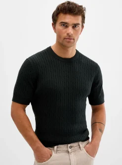 Twisted-cable short-sleeve sweater