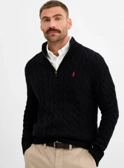 Twisted-cable zipped-collar sweater